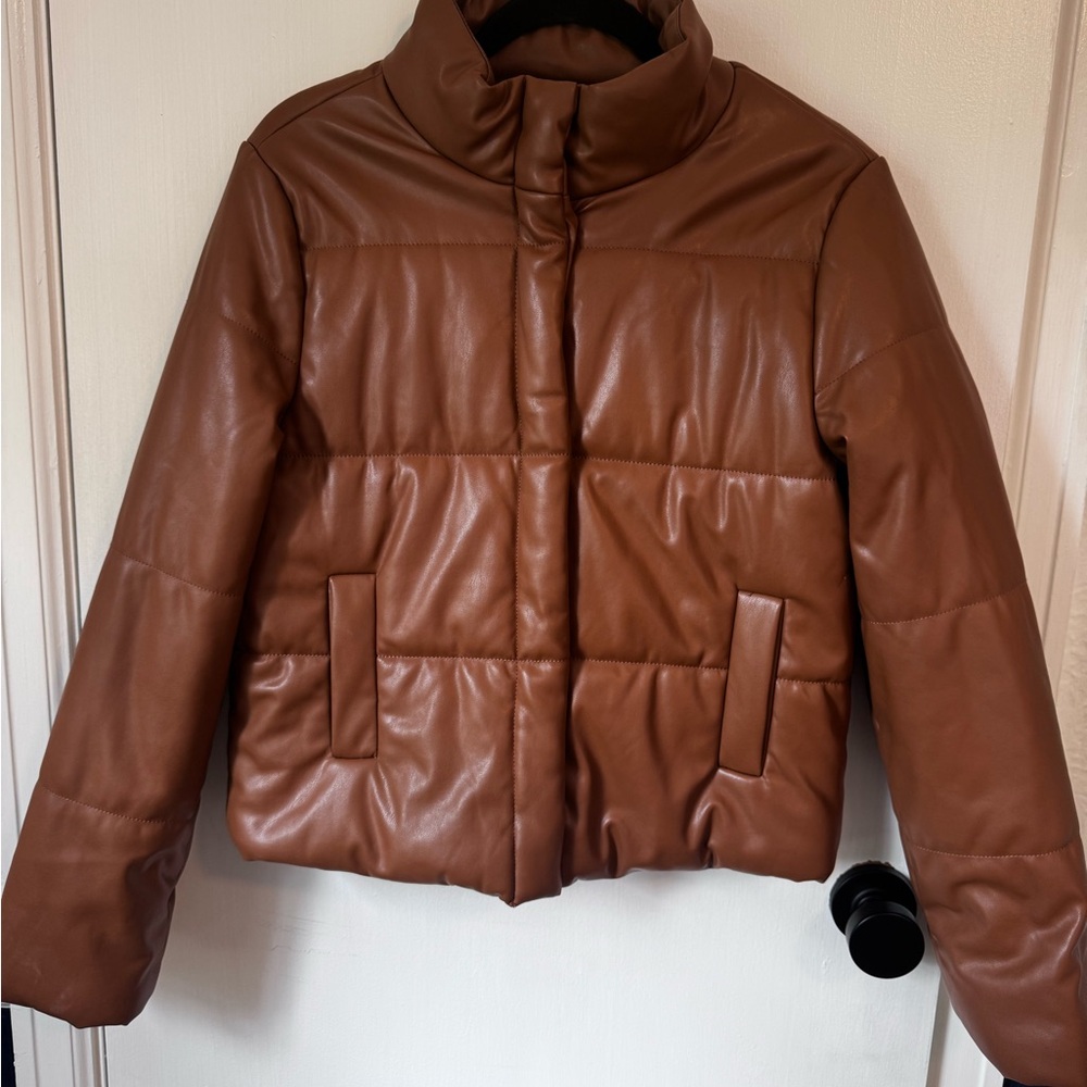 Brown Women's Faux Leather Puffer Jacket